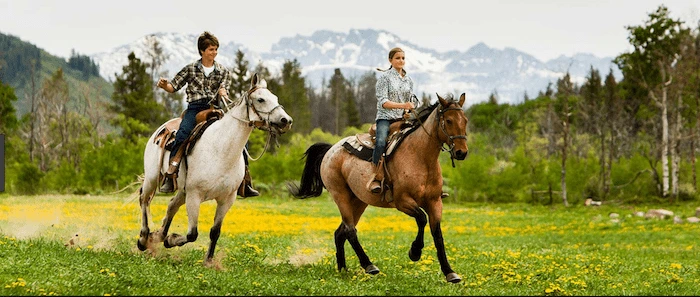 Confident plus-size woman riding Underwood a horse through a field with a smile on her face.